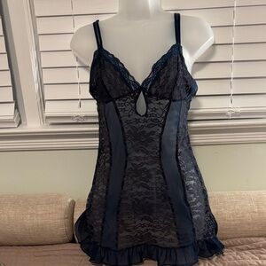 In Bloom Navy Lace & Satin Chemise Slip